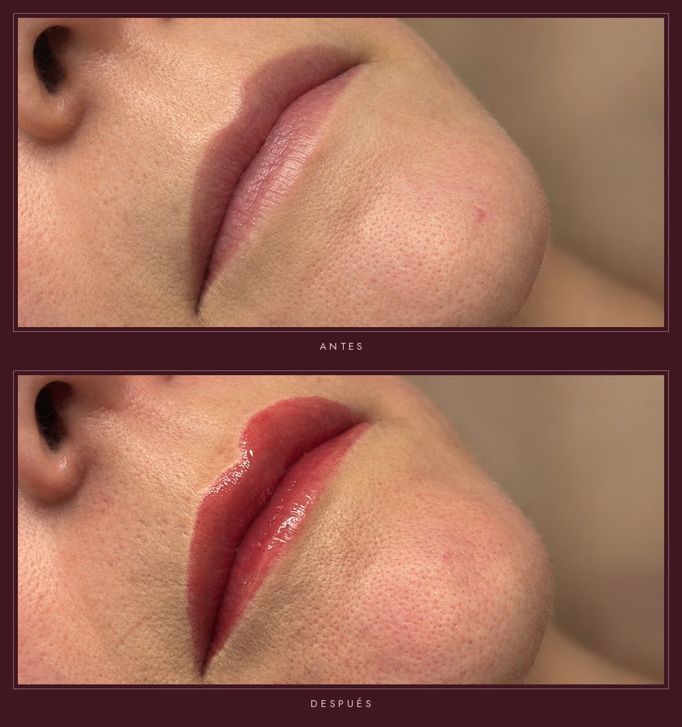 Antes y después de micropigmentación de labios en tono rojo en Badalona – Bellagea Studio