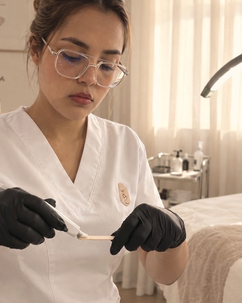 Valery, micropigmentadora de Bellagea Studio, preparando el dermógrafo con guantes en su estudio privado de Badalona